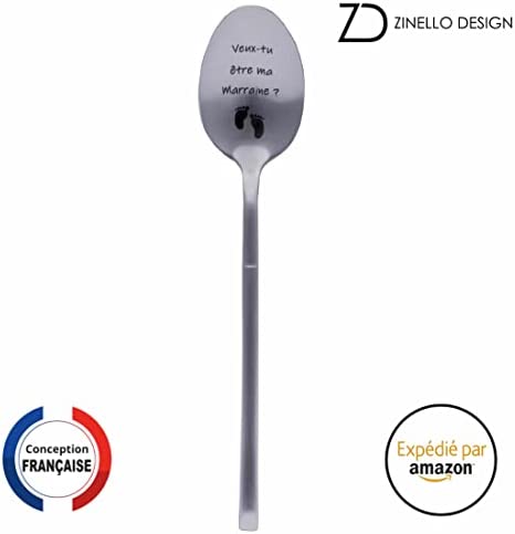 Cuillère Annonce Grossesse pour Marraine, Idee Cadeau Original et Personnalisé pour faire votre demande, Annonce Drôle et Insolite Naissance de Bébé, Cuillère à Café / Dessert avec son Coffret