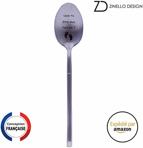 Cuillère Annonce Grossesse pour Parrain, Idee Cadeau Original et Personnalisé pour faire votre demande, Annonce Drôle et Insolite Naissance de Bébé, Cuillère à Café / Dessert avec son Coffret
