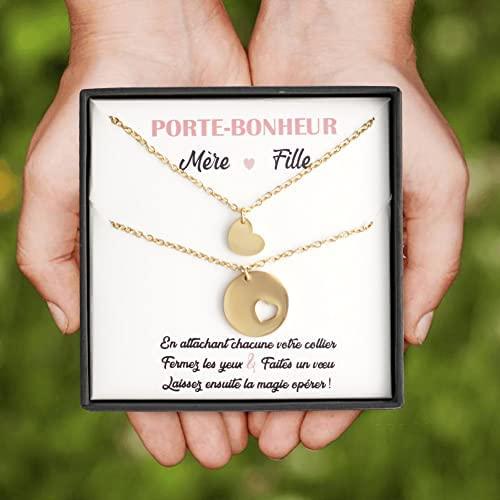 TILOVE Set de 2 colliers pour femme avec pendentif en forme de cœur Mère Fille. 2 Bijoux personnalisés livrés dans une boite avec message Porte-Bonheur. Idée cadeau Anniversaire, Noël, Fête des Mères