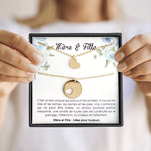 Set de 2 colliers pour femme avec pendentif en forme de cœur Mère Fille. 2 Bijoux personnalisés livrés dans une boite avec message d’amour. Idée cadeau Anniversaire, Noël, Fête des Mères, St Valentin