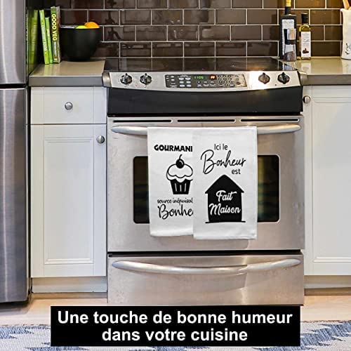 Lot de 3 Torchons de Cuisine 100% Coton. Torchon Vaisselle Blanc et Noir Original Fantaisie. 3 x Chiffon, Serviette, Essuie Main pour Offrir en Cadeau à Noel, Crémaillère, Fêtes des Mères / Pères