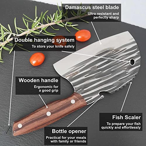 Couteau de Cuisine Japonais Professionnel en Acier Damas et Manche en Bois. Couteau de Chef, Couperet de Cuisine, Couteau Boucher avec Ecailleur à Poisson, Décapsuleur et Double Systèmes d’accroche Couteau de Cuisine Japonais Professionnel en Acier Damas et Manche en Bois. Couteau de Chef, Couperet de Cuisine, Couteau Boucher avec Ecailleur à Poisson, Décapsuleur et Double Systèmes d’accroche