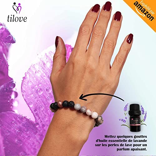 Bracelet en Pierre de Lave et Jaspe Zébré Rose avec Huile Essentielle de Lavande, Bracelet Pierre Naturelle Lithotherapie, Bracelet Chakra Diffuseur d’Huiles Essentielles, Bracelet Yoga de Méditation