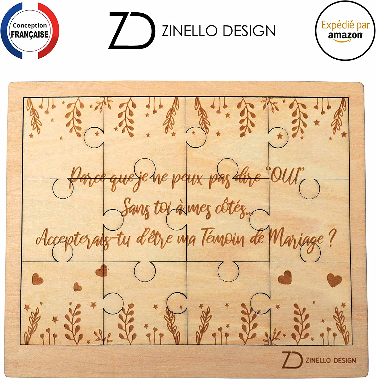 Puzzle en Bois Veux-tu être ma Témoin, Idee Cadeau Casse Tete Original et Personnalisé pour Faire Votre Demande de Temoin pour Votre Mariage, Annonce Insolite EVJF, avec Pochette Cadeau – Avec Cadre