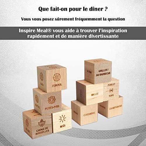 Inspire Meal® Dés en bois gravés pour trouver l’inspiration en cuisine. Ideal pour le Batch Cooking. Décideur de recettes avec votre livre de cuisine. Cadeau gourmet, cadeau cuisine, diner entre amis
