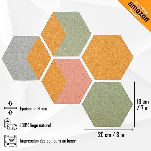 Panneau en Liege Mural Hexagonal Autocollant pour la Decoration Murale (5pcs). Tableau en Liège Décoratif Livré avec Punaise et Pince (12pcs). Dalles en Liege Véritable Idéales pour le Moodboard
