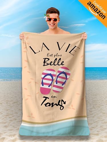 Serviette de Plage Microfibre Personnalisée avec Message Humoristique. Drap de Plage 160x80cm Ultra Absorbant, Séchage Rapide, Léger et Compact. Idée Cadeau Femme Homme Ado Anniversaire Noel