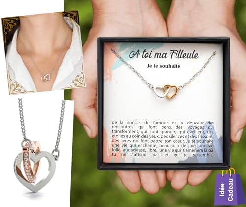 TILOVE Collier Personnalisé pour Femme avec Pendentif en Forme de Coeurs Entrelacés Contenant un Message pour Votre Filleule| Livré dans sa Boite à Bijoux | Idée Cadeau Anniversaire, Noël, Mariage