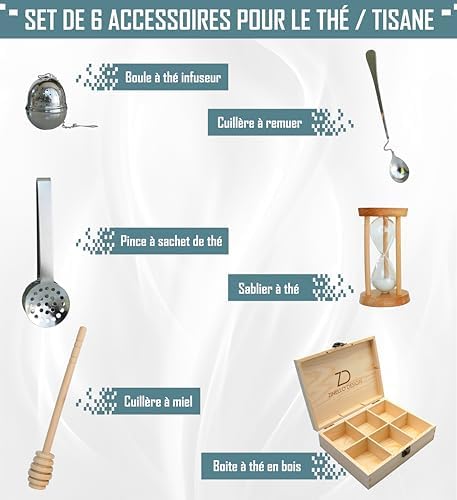Zinello Design – Boite à Thé en Bois + Set d’Accessoires pour la Tisane, Infusion | Coffret Cadeau pour Le Rangement et l’Organisation de la Cuisine | Cuillère a Miel, Pince, Boule à thé, Sablier
