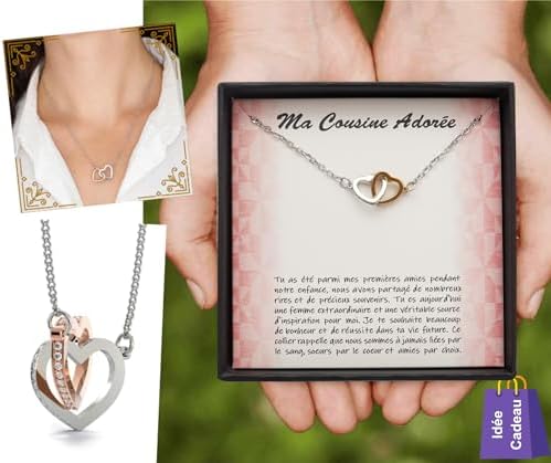 TILOVE Collier Personnalisé pour Femme avec Pendentif en Forme de Coeurs Entrelacés Contenant un Message pour Votre Cousine | Livré dans sa Boite à Bijoux | Idée Cadeau Anniversaire, Noël, Mariage