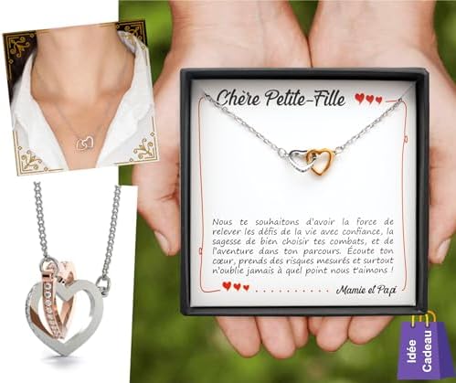 TILOVE Collier Personnalisé pour Femme avec Pendentif en Forme de Coeurs Entrelacés Contenant un Message d’Amour pour Votre Petite-Fille signé Mamie et Papi | Idée Cadeau Anniversaire, Noël