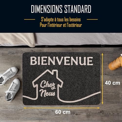 Zinello Design – Paillasson Personnalisé « Bienvenue chez Nous » – Tapis d’Entrée Gris Noir 40×60 cm Intérieur Extérieur avec Message Personnalisé – Antidérapant, Lavable et Résistant à la Pluie