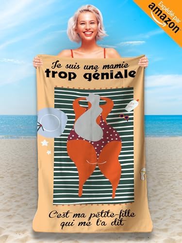 Serviette de Plage Microfibre Personnalisée avec Message Humoristique. Drap de Plage 160x80cm Ultra Absorbant, Séchage Rapide, Léger et Compact. Idée Cadeau Femme, Fête des Grand-Mères Noel