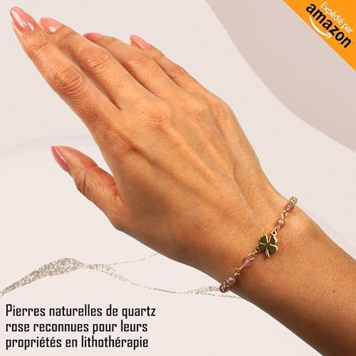 TILOVE – Bracelet en Pierre Naturelle Quartz Rose Lithothérapie pour Femme avec Trèfle Porte Bonheur en Acier Inoxydable. Conçu en France. Bracelet Chakra Bien Être. Idée Cadeau Femme, Fete des Mères