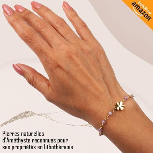 TILOVE – Bracelet en Pierre Naturelle d’Améthyste Lithothérapie pour Femme avec Trèfle Porte Bonheur en Acier Inoxydable. Conçu en France. Bracelet Chakra Bien Être. Idée Cadeau Femme, Fete des Mères