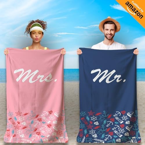 Set de 2 Serviettes de Plage Microfibre Personnalisées pour un Couple. 2 Draps de Plage 160x80cm Ultra Absorbants, Séchage Rapide, Légers et Compacts. Idée Cadeau Femme Homme Noel St Valentin