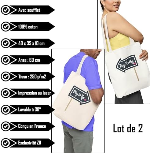 Zinello Design – Set de 2 Tote Bags My Wife & My Hubby – 100% Coton, Écoresponsable, Idéal pour les Couples – Cadeau Romantique, Mariage, Anniversaire, Voyage de Lune de Miel – Sacs Réutilisables