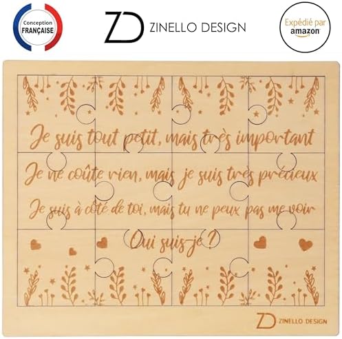 ZINELLO DESIGN – Puzzle en Bois Annonce Grossesse pour Vos Proches | Idee Cadeau Casse Tete Original et personnalisé pour Futur Papa, Grand-Mère, Grand-Père, Marraine, Parrain (avec Cadre)
