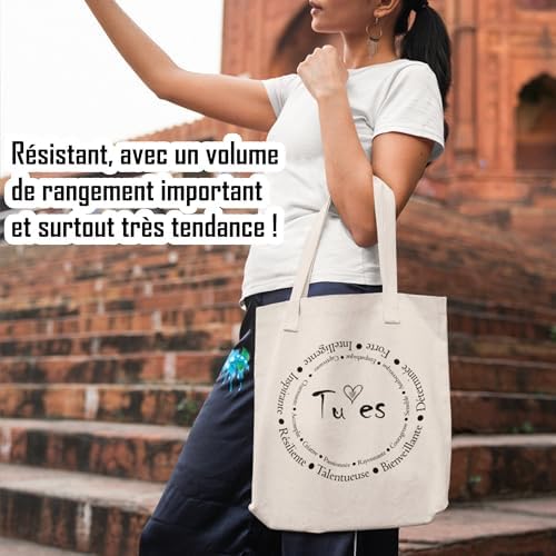 Zinello Design – Tote Bag en Coton Réutilisable avec Message ‘Tu es Intelligente, Inspirante, Talentueuse…’ – Sac Cabas Écologique Idéal pour Courses, Cadeau d’Appréciation, Amies, Famille – Lavable
