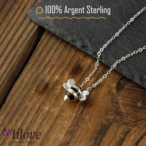 TILOVE – Collier Abeille Argent 925 – Hypoallergénique, Pendentif Nature, Longueur Ajustable, Bijou Éco-friendly avec Coffret, Idée Cadeau pour Femme Fille pour Noël, Anniversaire, Saint Valentin