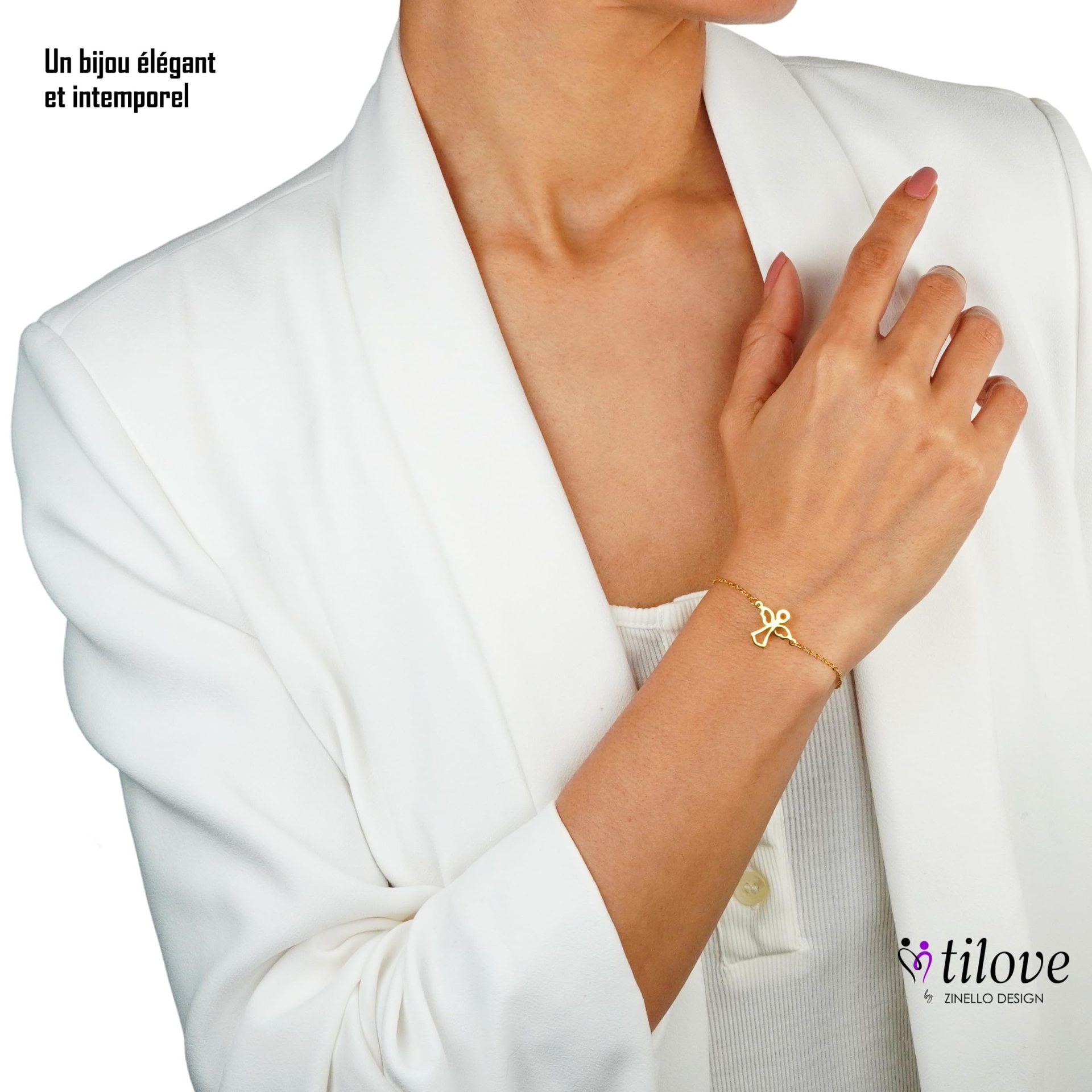 TILOVE – Bracelet Ange en Acier Inoxydable Doré – Bijou Symbolique de Protection – Chaîne Réglable 16 + 5 cm – Cadeau Élégant avec Pochette en Microfibre et Carte Message Inspirante