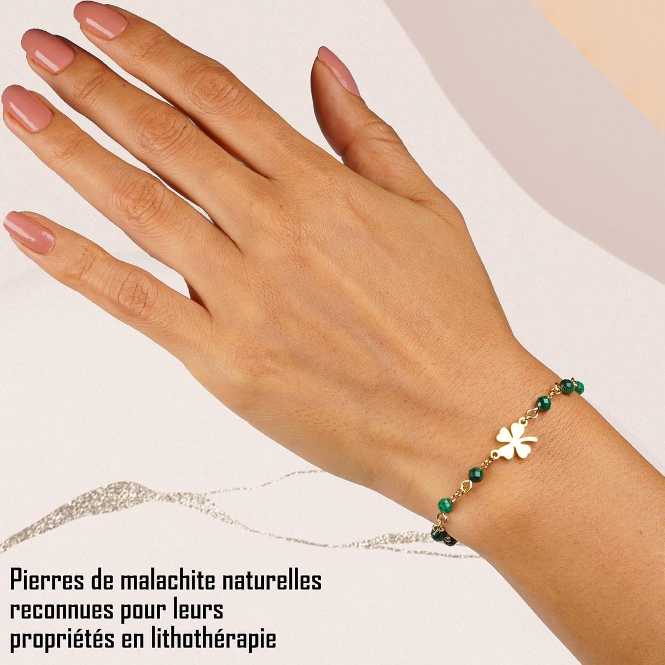 TILOVE, Bracelet en Pierre Naturelle de Malachite, Lithothérapie pour Femme avec Trèfle Porte Bonheur en Acier Inoxydable. Conçu en France. Bracelet Chakra Bien Être. Idée Cadeau Femme, Fête des Mères