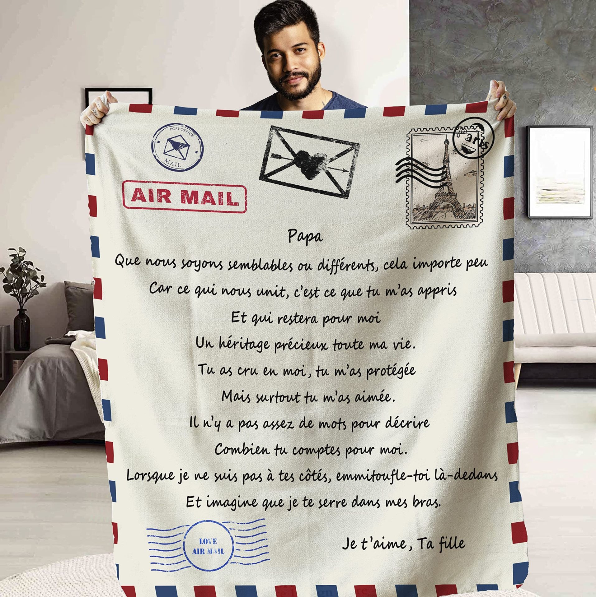 Plaid Personnalisé Doux pour Offrir à Son Père de la Part de sa Fille. Idée Cadeau Insolite Utile pour Un Anniversaire Noel la Fête des Pères. Couverture Couvre Lit pour la Déco