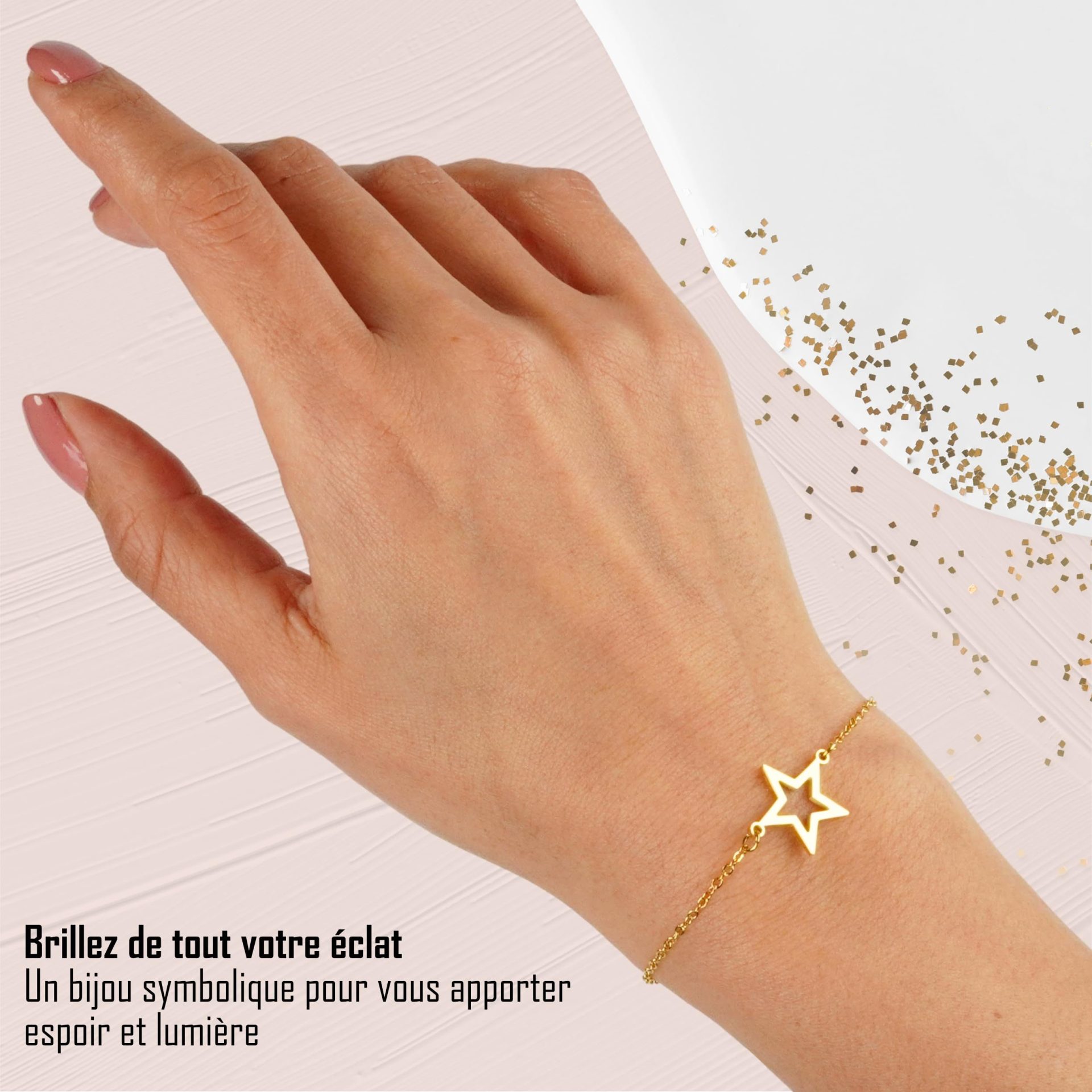 TILOVE – Bracelet Étoile en Acier Inoxydable Doré – Symbole d’Espoir et de Lumière – Chaîne Réglable 16 + 5 cm – Cadeau Élégant avec Pochette en Microfibre et Carte Inspirante