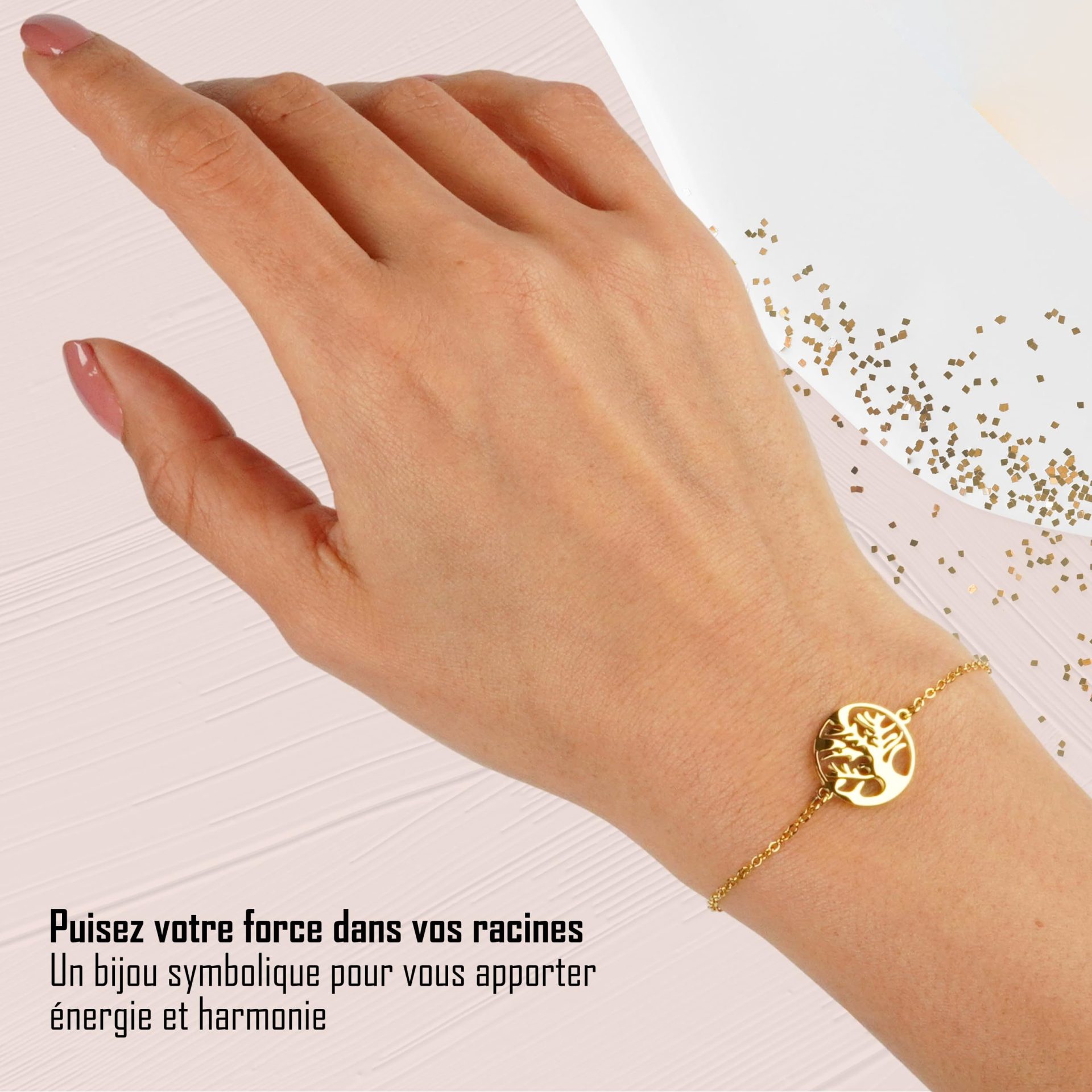 TILOVE – Bracelet Arbre de Vie en Acier Inoxydable Doré – Symbole de Force et d’Épanouissement – Chaîne Réglable 16 + 5 cm – Cadeau Élégant avec Pochette en Microfibre et Carte Inspirante