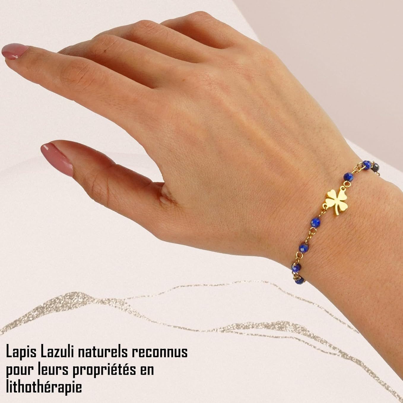 TILOVE, Bracelet en Pierre Naturelle de Lapis Lazuli, Lithothérapie pour Femme avec Trèfle Porte Bonheur en Acier Inoxydable. Conçu en France. Bracelet Chakra Bien Être. Idée Cadeau Femme