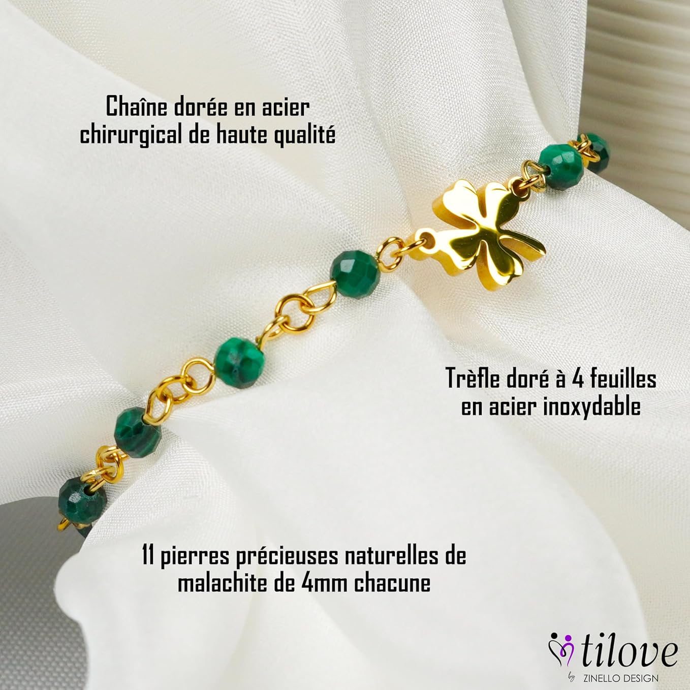 TILOVE, Bracelet en Pierre Naturelle de Malachite, Lithothérapie pour Femme avec Trèfle Porte Bonheur en Acier Inoxydable. Conçu en France. Bracelet Chakra Bien Être. Idée Cadeau Femme, Fête des Mères TILOVE, Bracelet en Pierre Naturelle de Malachite, Lithothérapie pour Femme avec Trèfle Porte Bonheur en Acier Inoxydable. Conçu en France. Bracelet Chakra Bien Être. Idée Cadeau Femme, Fête des Mères