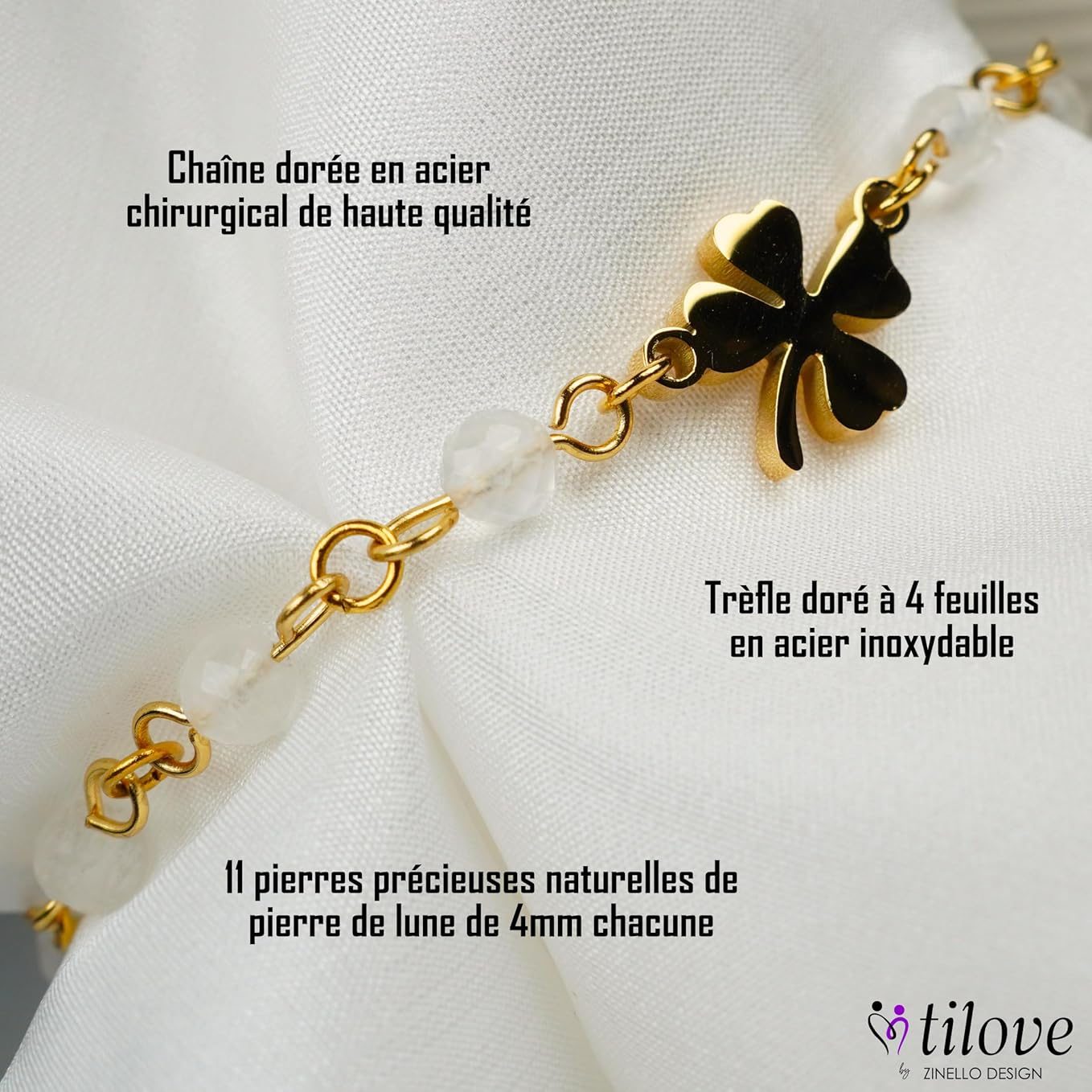 TILOVE – Bracelet en Pierre de Lune Naturelle – Lithothérapie pour Femme avec Trèfle Porte Bonheur en Acier Inoxydable. Conçu en France. Bracelet Chakra Bien Être. Idée Cadeau Femme, Fete des Mères TILOVE – Bracelet en Pierre de Lune Naturelle – Lithothérapie pour Femme avec Trèfle Porte Bonheur en Acier Inoxydable. Conçu en France. Bracelet Chakra Bien Être. Idée Cadeau Femme, Fete des Mères