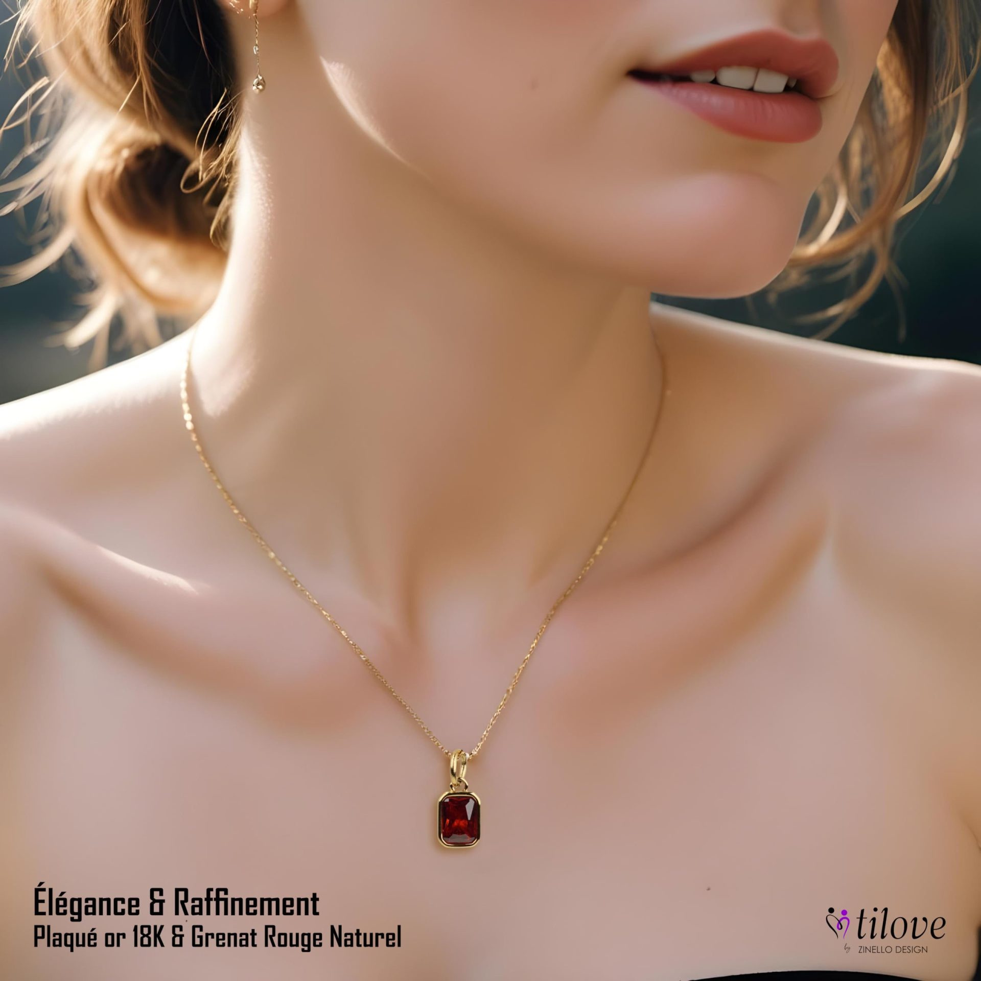 TILOVE – Collier Femme Plaqué Or 18K avec Pierre de Grenat Rouge Naturel – Bijoux Élégant – Chaîne Ajustable 42cm + 5cm – Pendentif Fin et Raffiné avec Boîte Cadeau et Carte Personnalisable