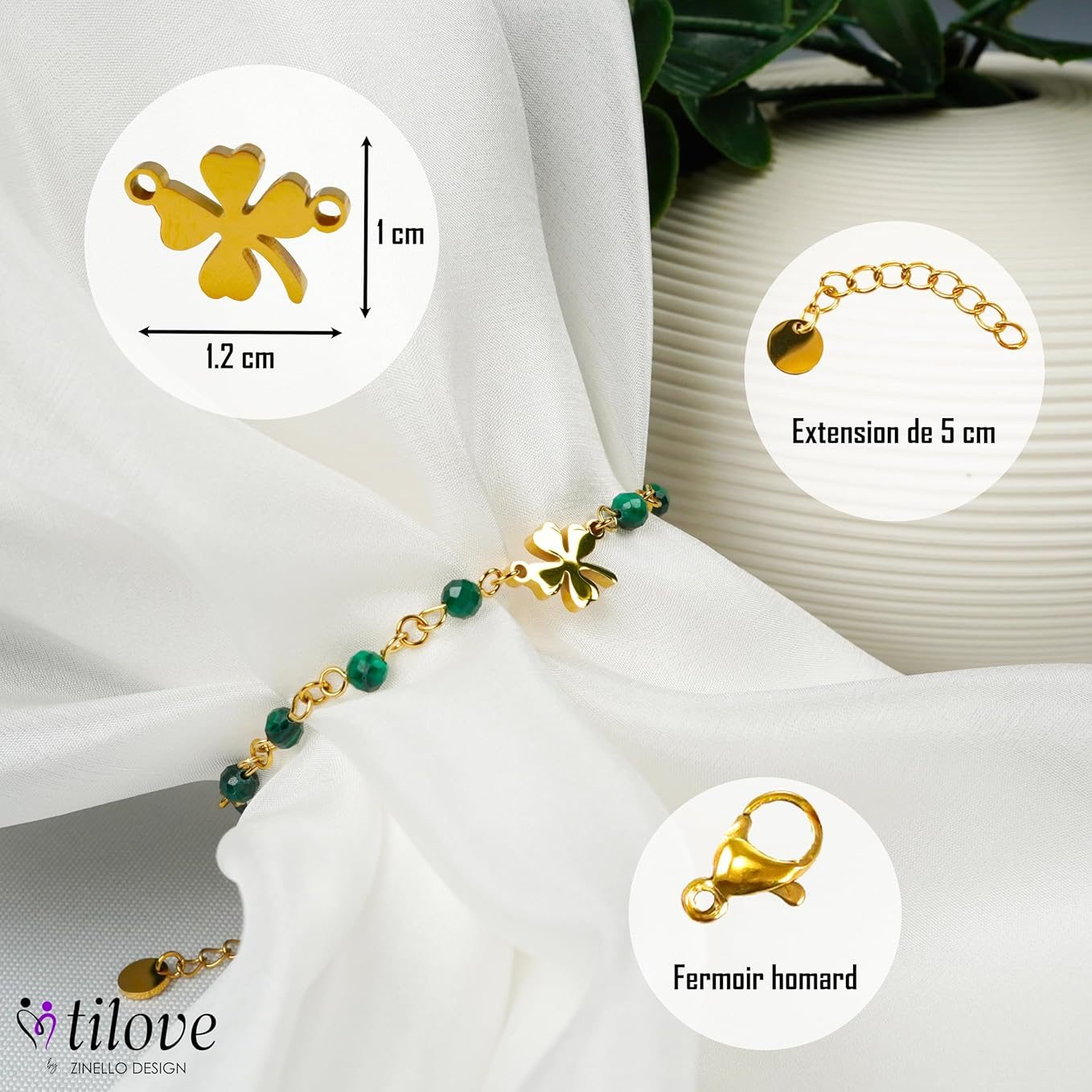 TILOVE, Bracelet en Pierre Naturelle de Malachite, Lithothérapie pour Femme avec Trèfle Porte Bonheur en Acier Inoxydable. Conçu en France. Bracelet Chakra Bien Être. Idée Cadeau Femme, Fête des Mères TILOVE, Bracelet en Pierre Naturelle de Malachite, Lithothérapie pour Femme avec Trèfle Porte Bonheur en Acier Inoxydable. Conçu en France. Bracelet Chakra Bien Être. Idée Cadeau Femme, Fête des Mères
