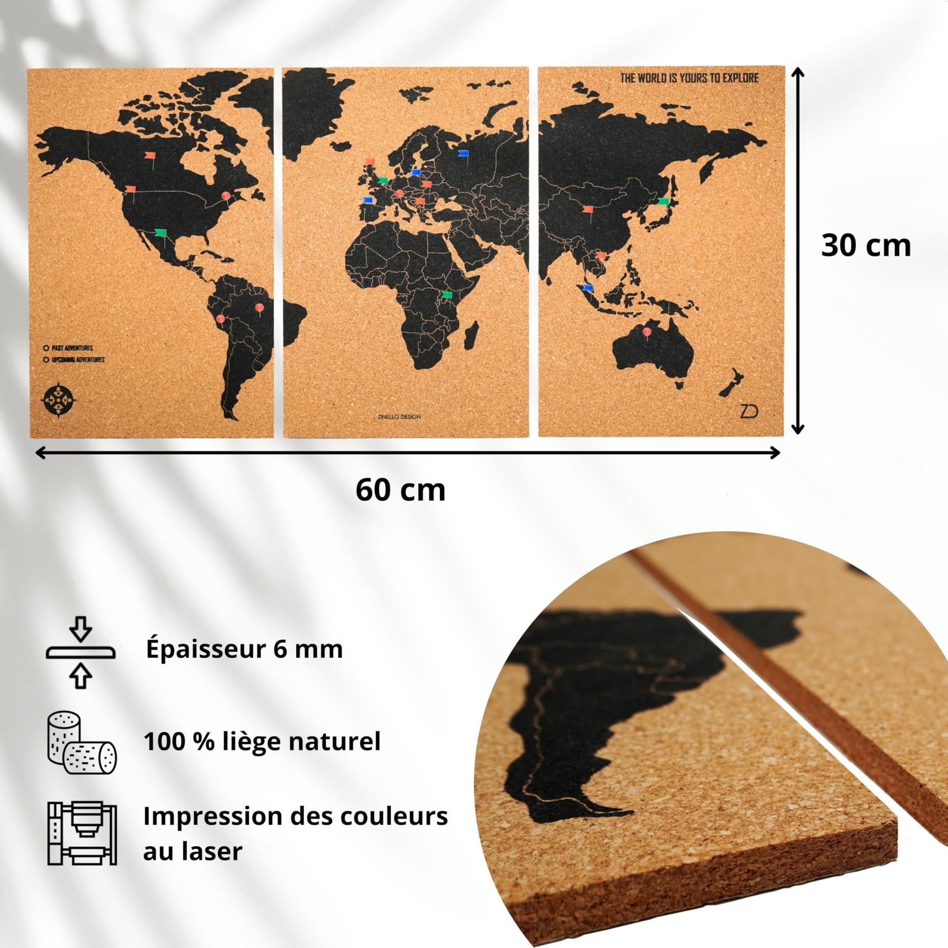 Carte du Monde en Liège – Tableau Décoration Murale 60×30 cm – 3 Panneaux Autocollants – Punaises Colorées Incluses – Poster Écologique Voyage à Personnaliser