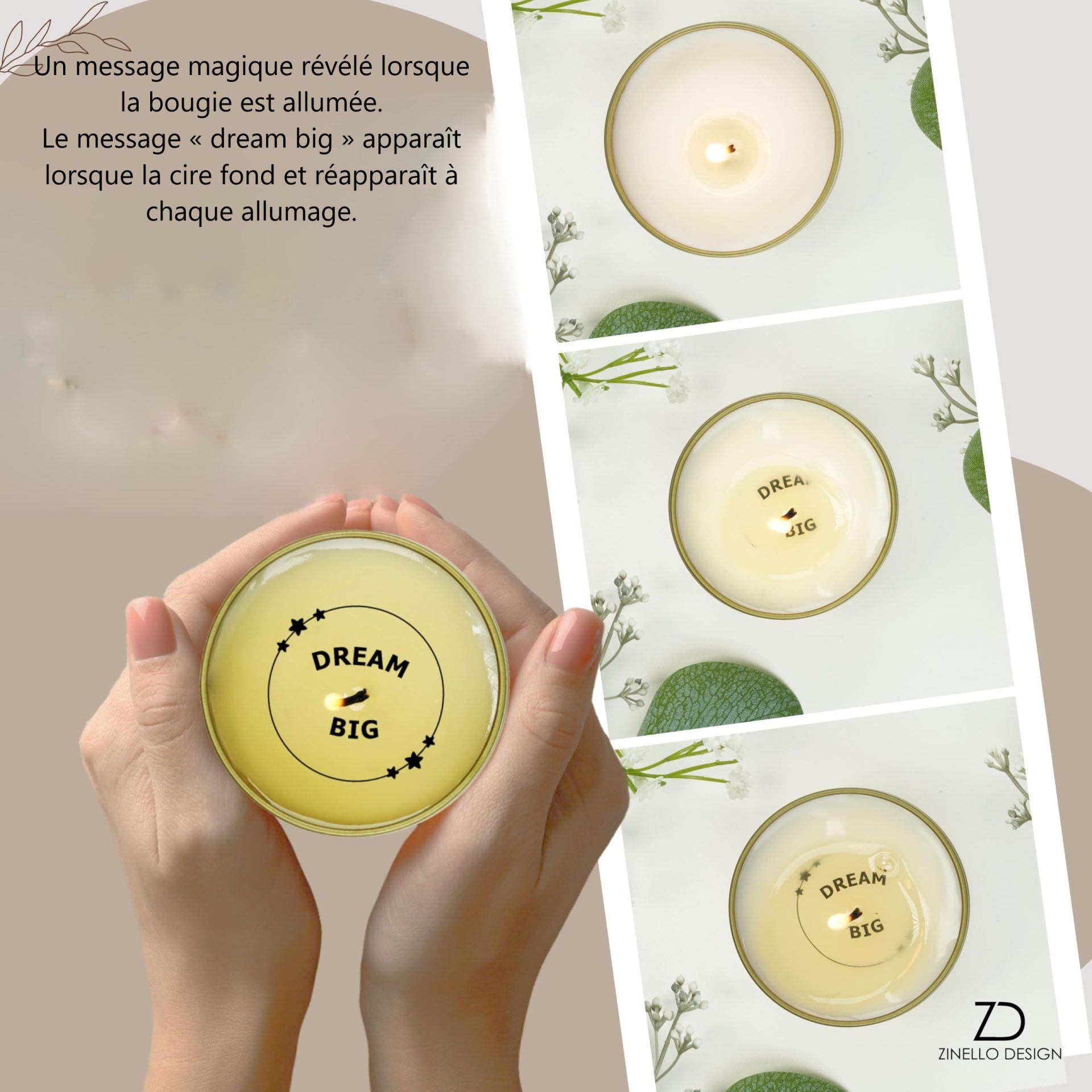 Bougie Parfumée “Dream Big” en cire de soja – Message caché révélé à la flamme – Idée cadeau motivation femme, ado, collègue, réussite – Bien-être, inspiration – 100 ml