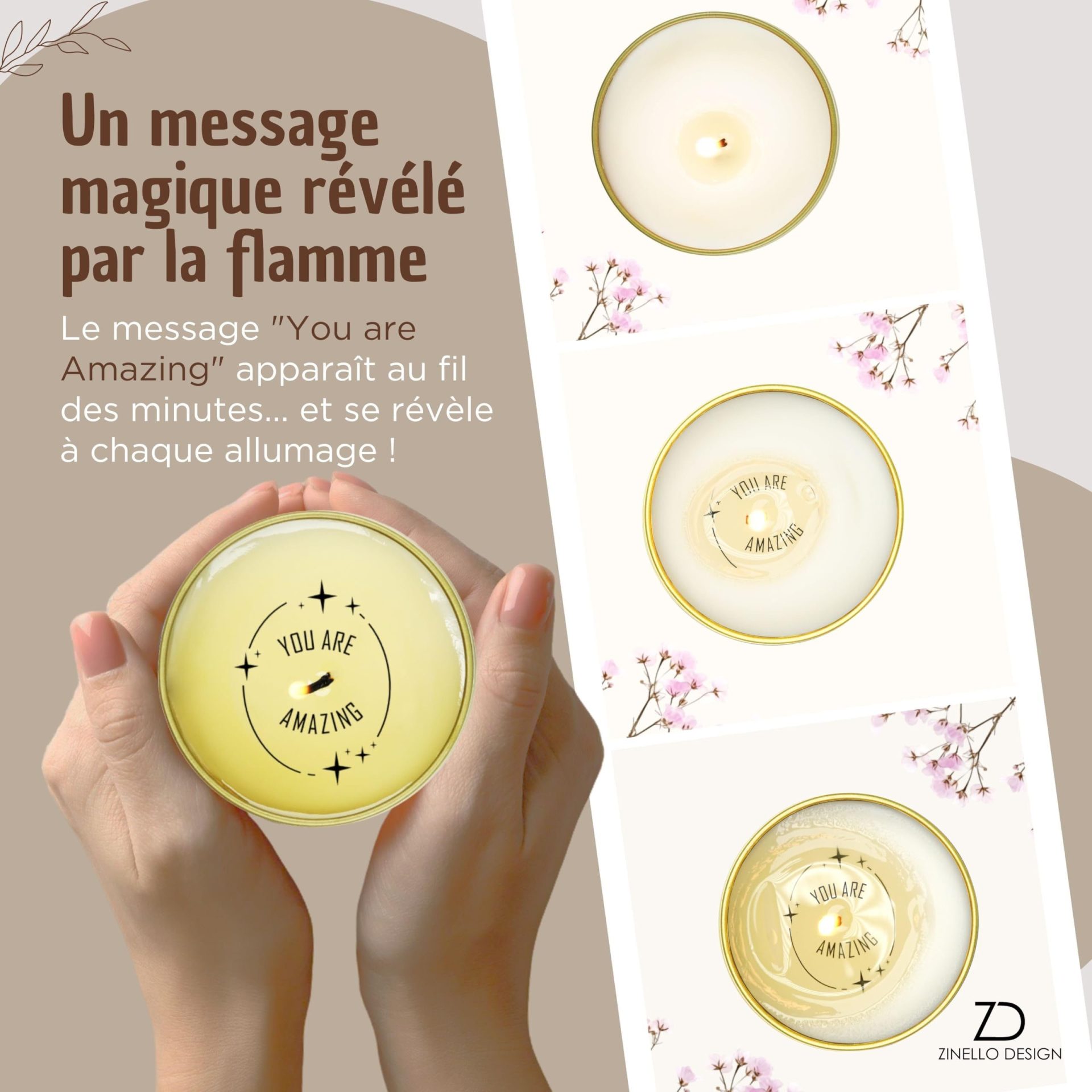 Bougie Parfumée “You are amazing” en cire de soja – Message caché révélé à la flamme – Idée cadeau positive femme, amie, ado – Estime de soi, motivation – 100 ml – Conçue en France