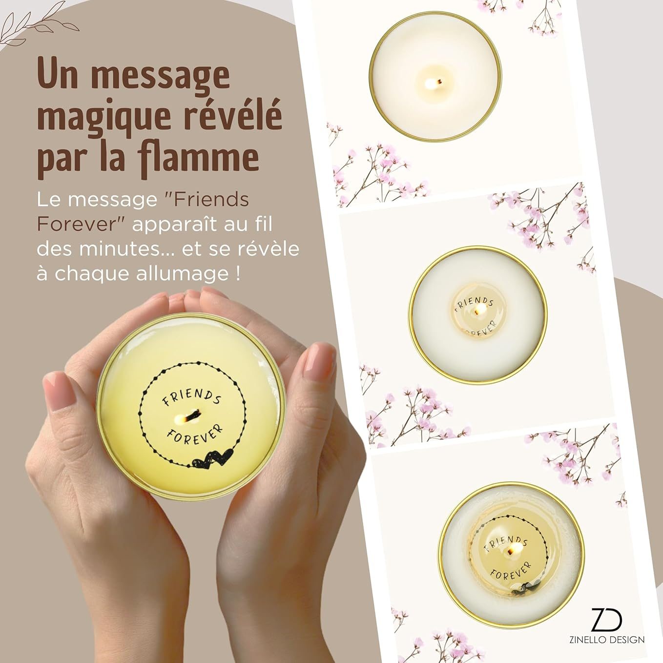 ZINELLO DESIGN – Bougie Parfumée “Friends Forever” en cire de soja – Message caché révélé à la flamme – Idée cadeau amitié femme ado – Anniversaire, remerciement, attention touchante – 100 ml