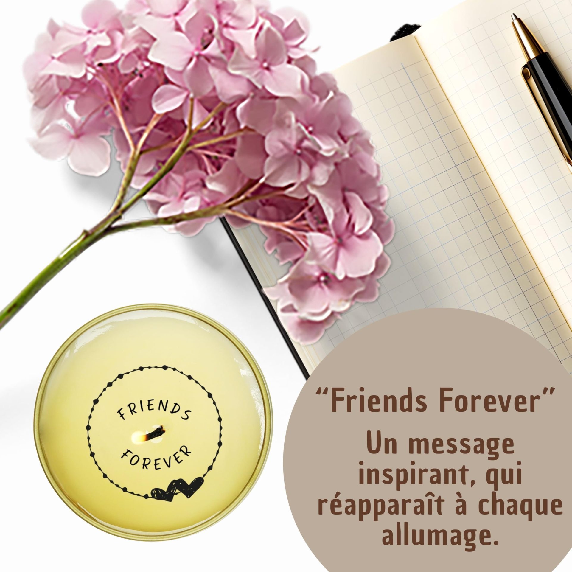 ZINELLO DESIGN – Bougie Parfumée “Friends Forever” en cire de soja – Message caché révélé à la flamme – Idée cadeau amitié femme ado – Anniversaire, remerciement, attention touchante – 100 ml ZINELLO DESIGN – Bougie Parfumée “Friends Forever” en cire de soja – Message caché révélé à la flamme – Idée cadeau amitié femme ado – Anniversaire, remerciement, attention touchante – 100 ml